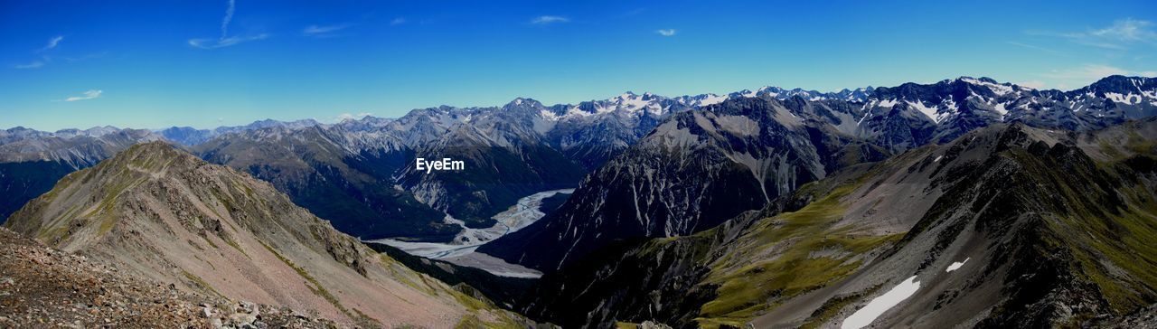 Panoramic view of snowcapped mountains against blue sky