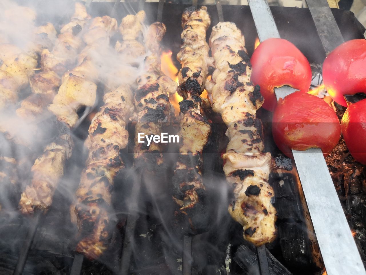 HIGH ANGLE VIEW OF VEGETABLES ON BARBECUE