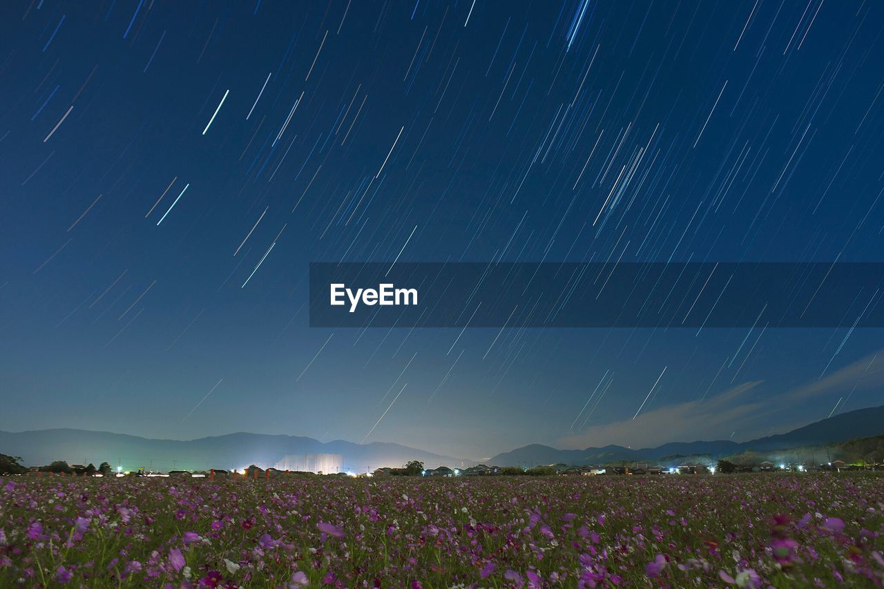 Scenic view of over field against star trails at night