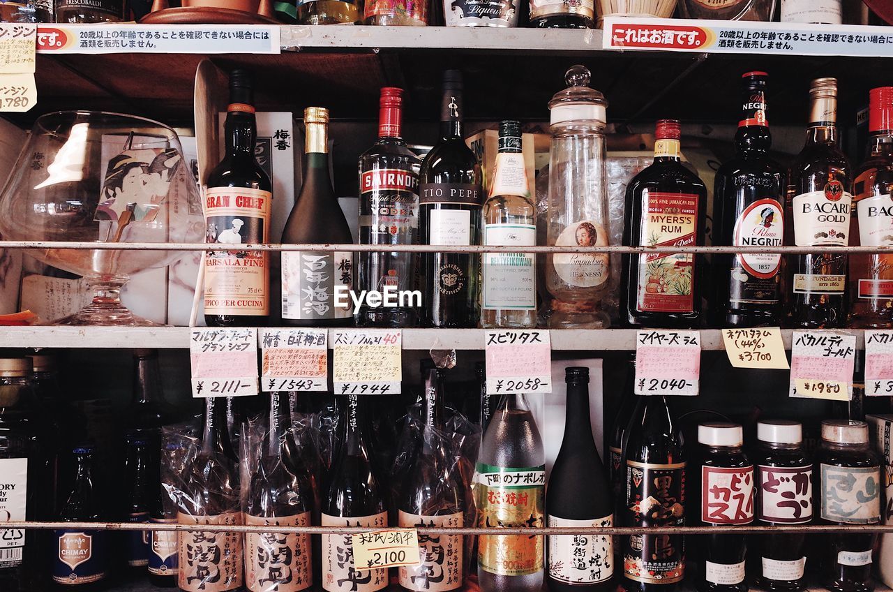 FULL FRAME SHOT OF BOTTLES ON DISPLAY