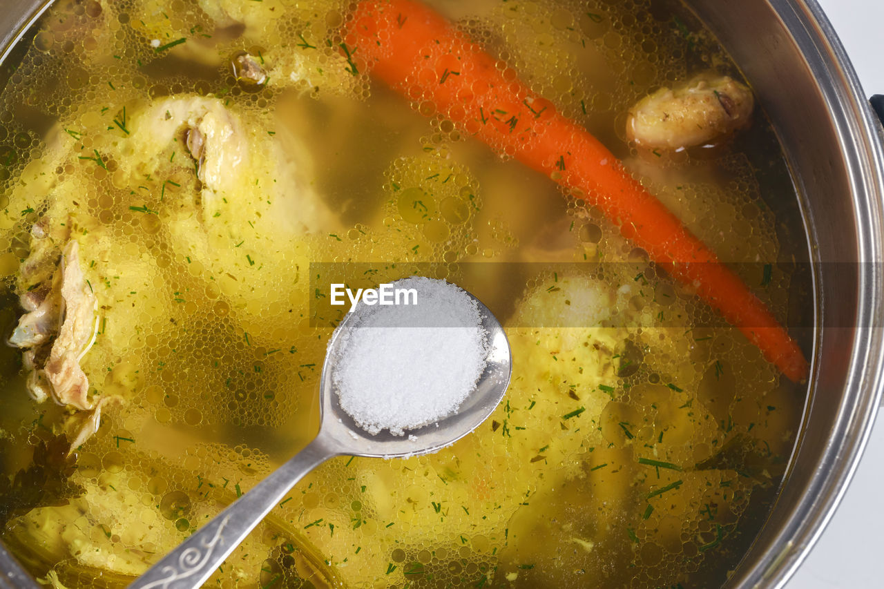 high angle view of soup in container