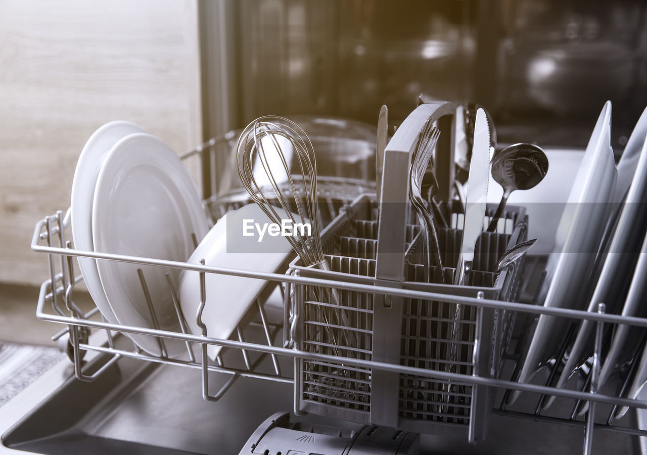 dishwasher, kitchen, household equipment, domestic kitchen, domestic room, indoors, kitchen utensil, white, home, room, housework, no people, crockery, metal, domestic life, washing, cleaning, washing dishes, black and white, steel, monochrome, lifestyles, iron, chores, stainless steel, sink