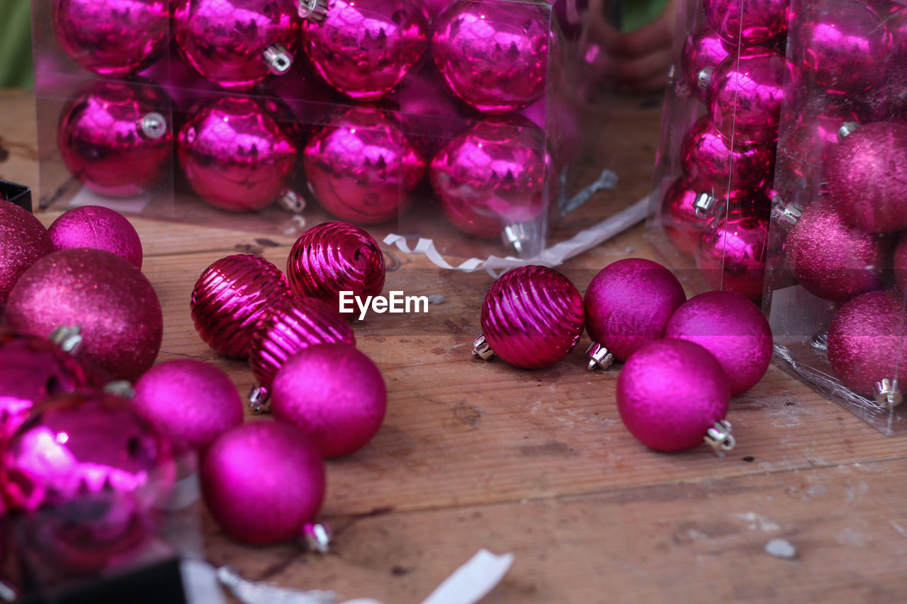 Close-up of christmas ornaments on table