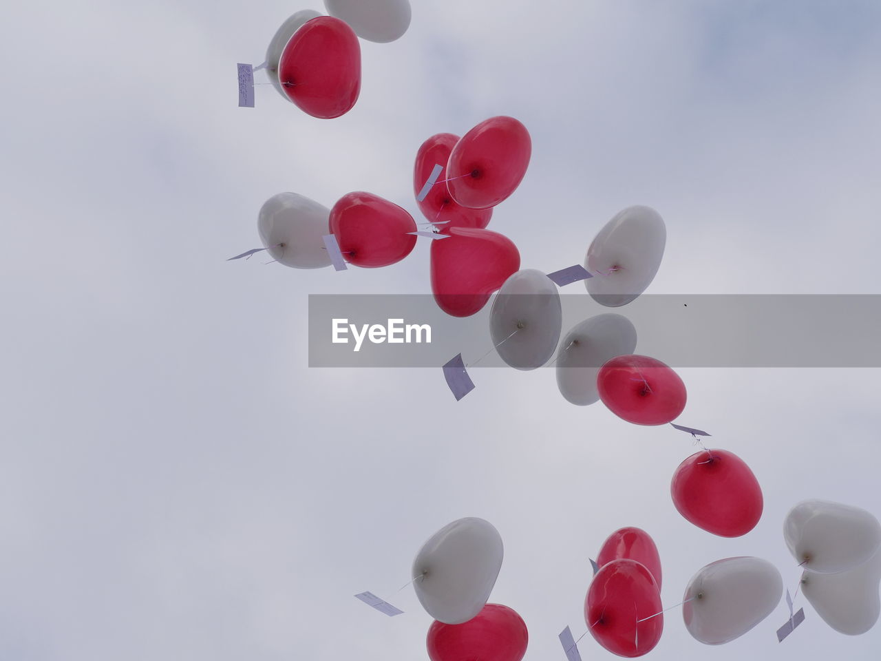 Low angle view of heart shape balloons with label flying against sky