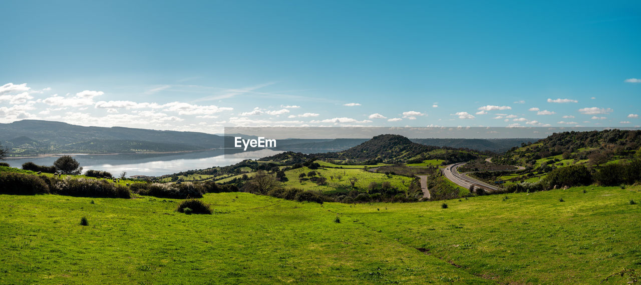 High resolution shot of middle sardinia wide panorama, with green fields and the river tirso