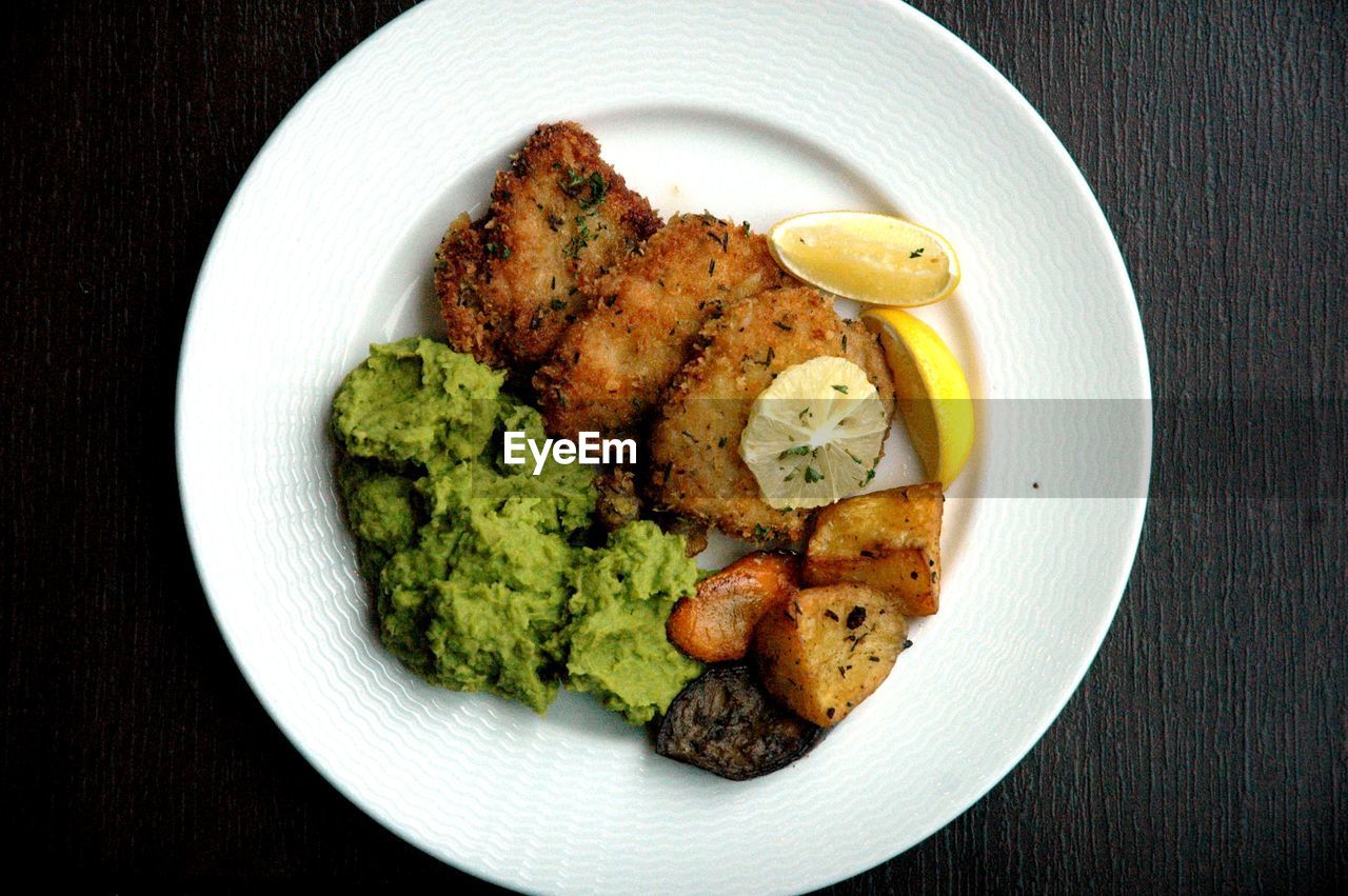 High angle view of food in plate on table