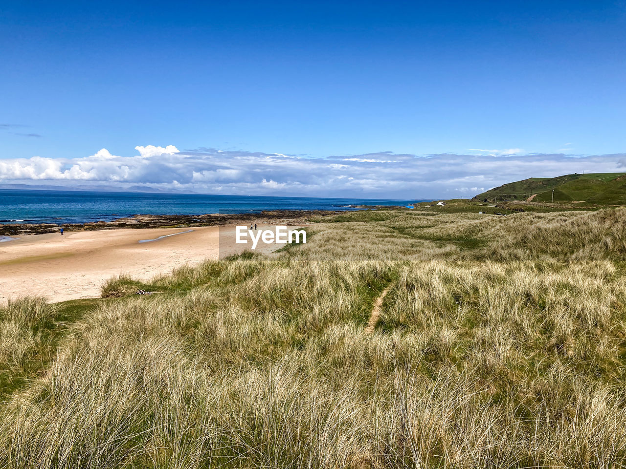 Scenic view of beach against blue sky