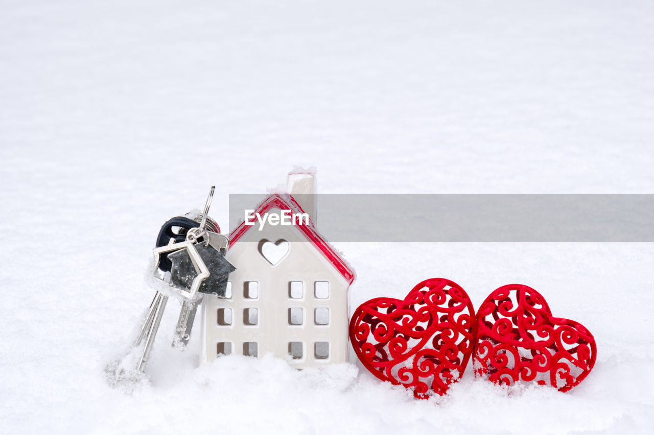 high angle view of heart shapes on snow