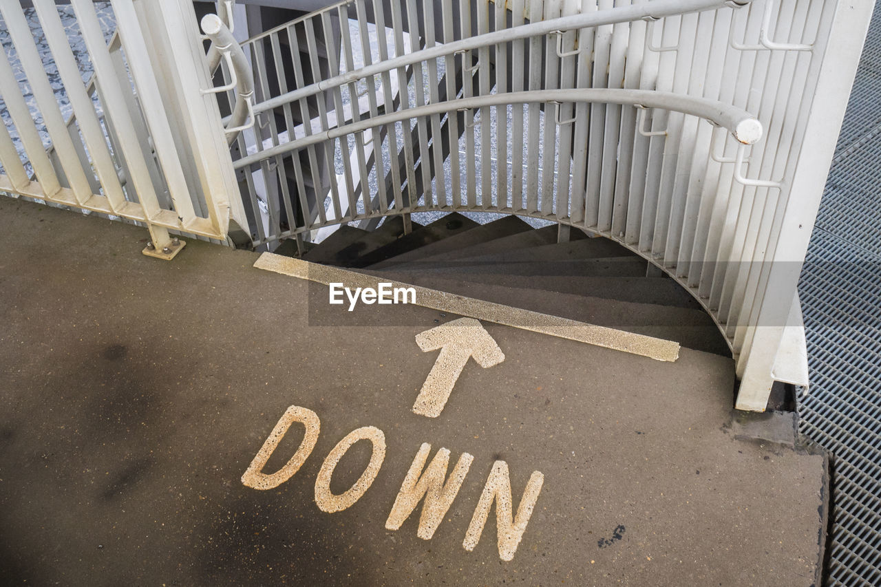 HIGH ANGLE VIEW OF SIGN ON RAILING