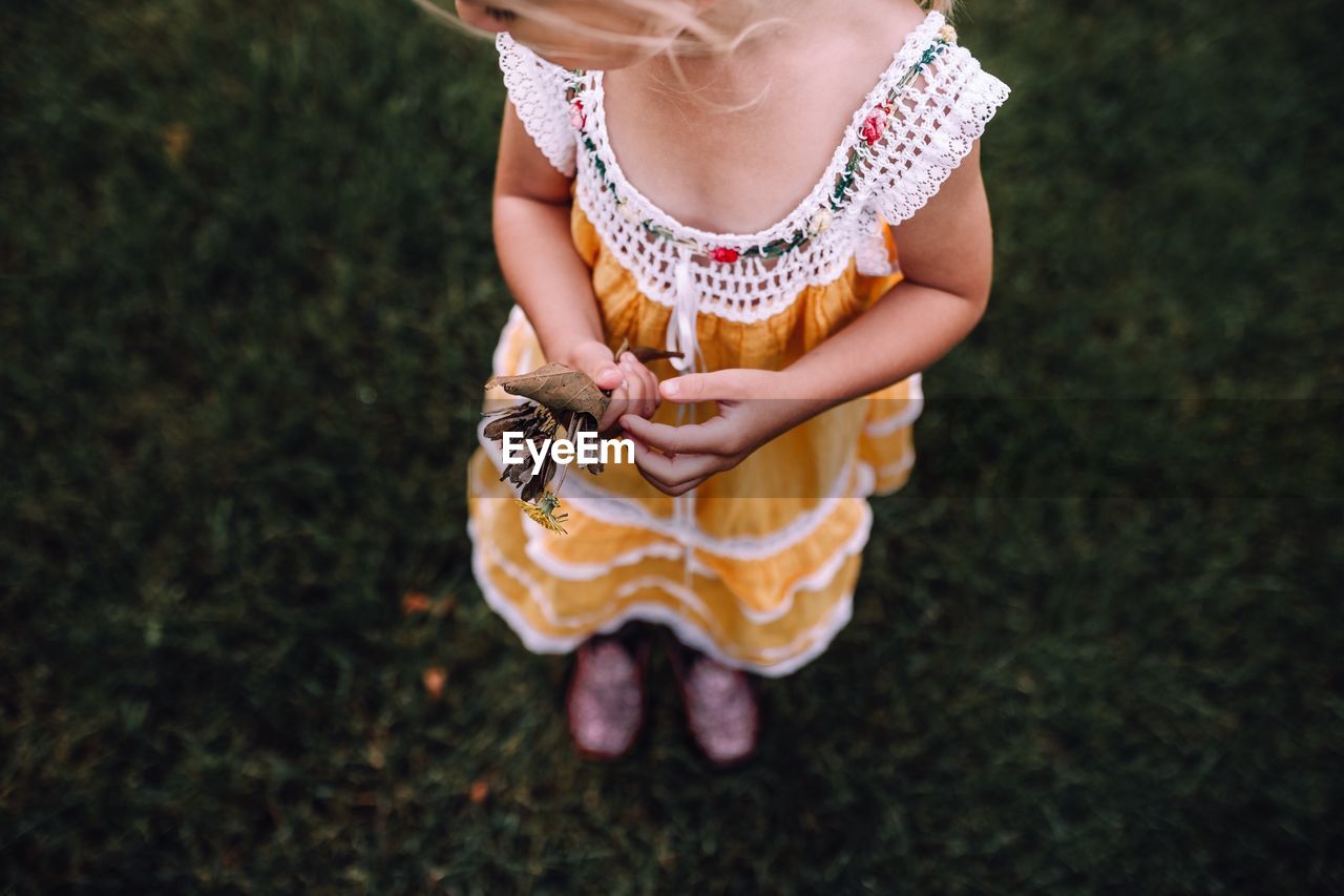 Low section of girl holding dry leaves while standing on grass