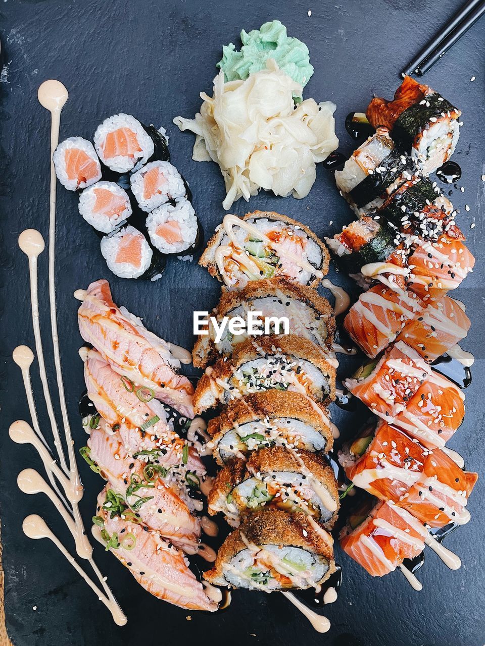 High angle view of sushi on table