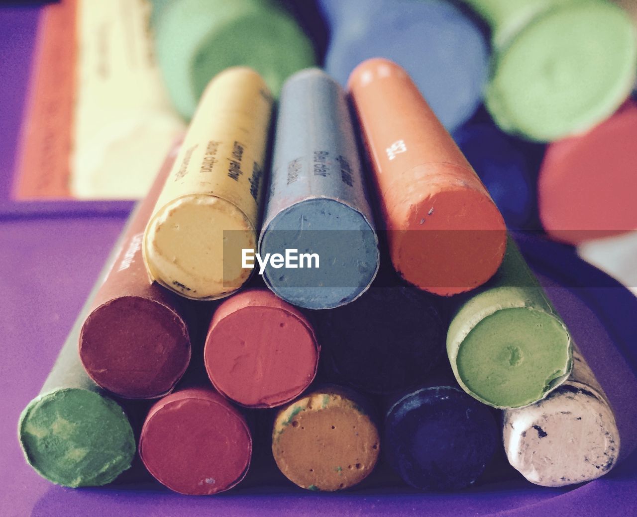 Colorful chalks on table