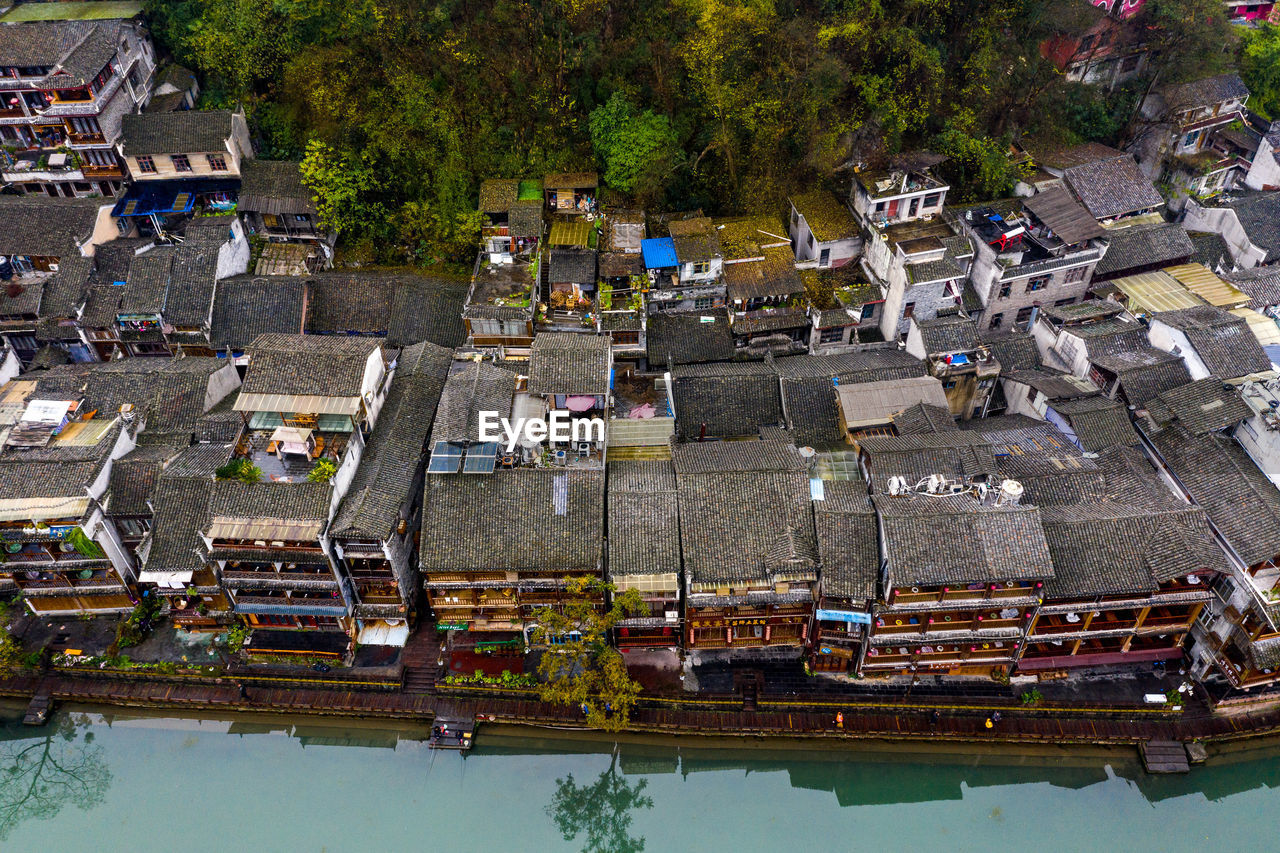 High angle view of ancient architecture in fenghuang town