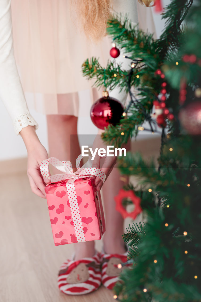 Midsection of woman with christmas tree at home