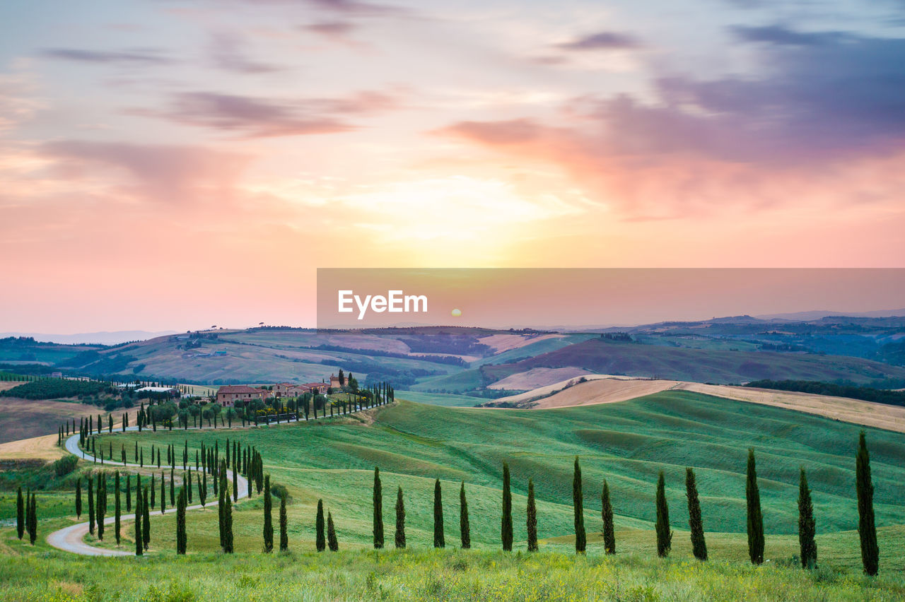 Scenic view of field against sky during sunset