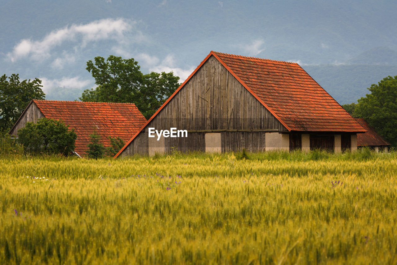 Fields and traditional barns in turiec region, central slovakia.