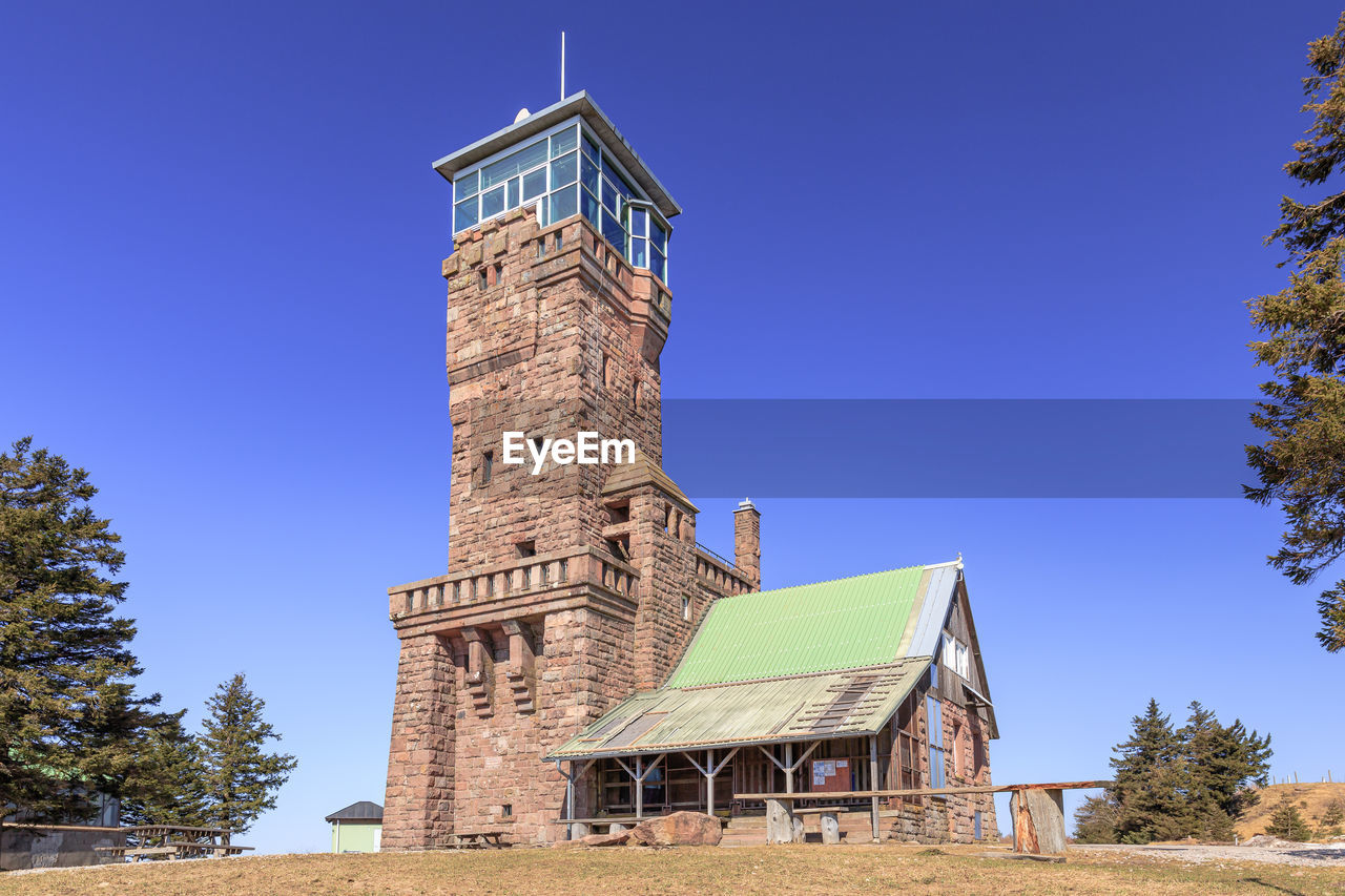 Low angle view of building against clear blue sky