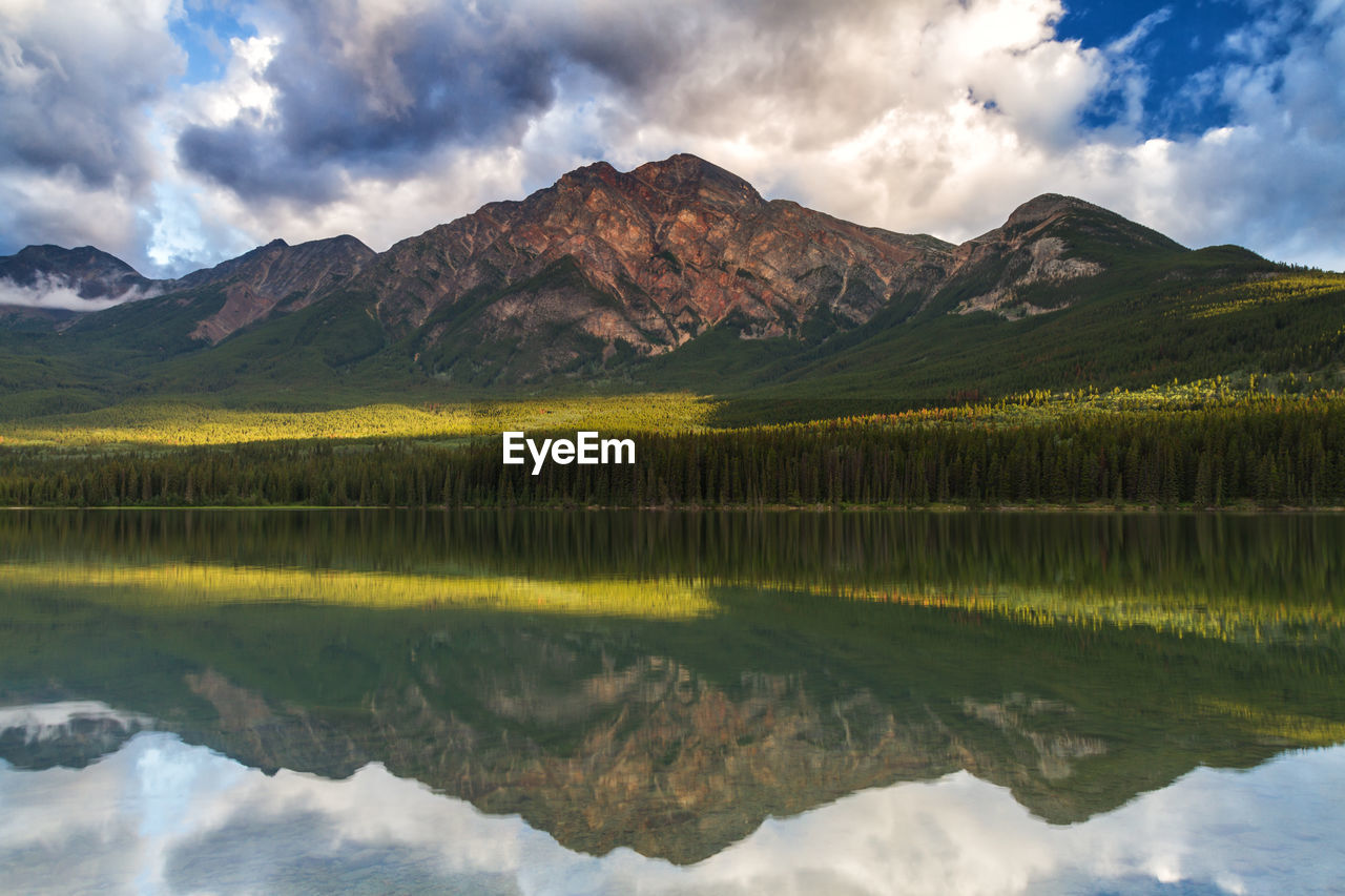 Scenic view of lake and mountains against sky