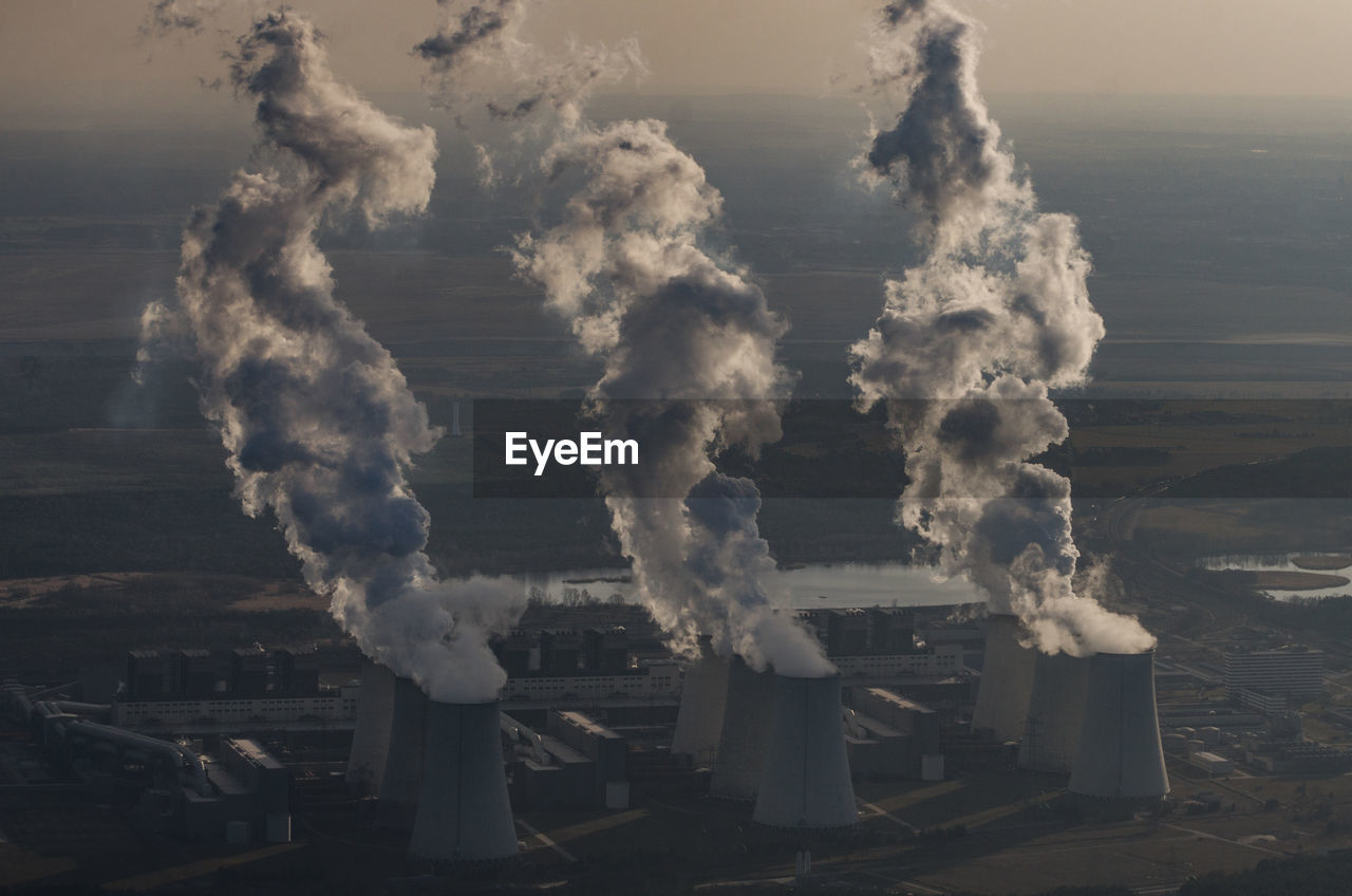 Aerial view of industrial smoke stacks