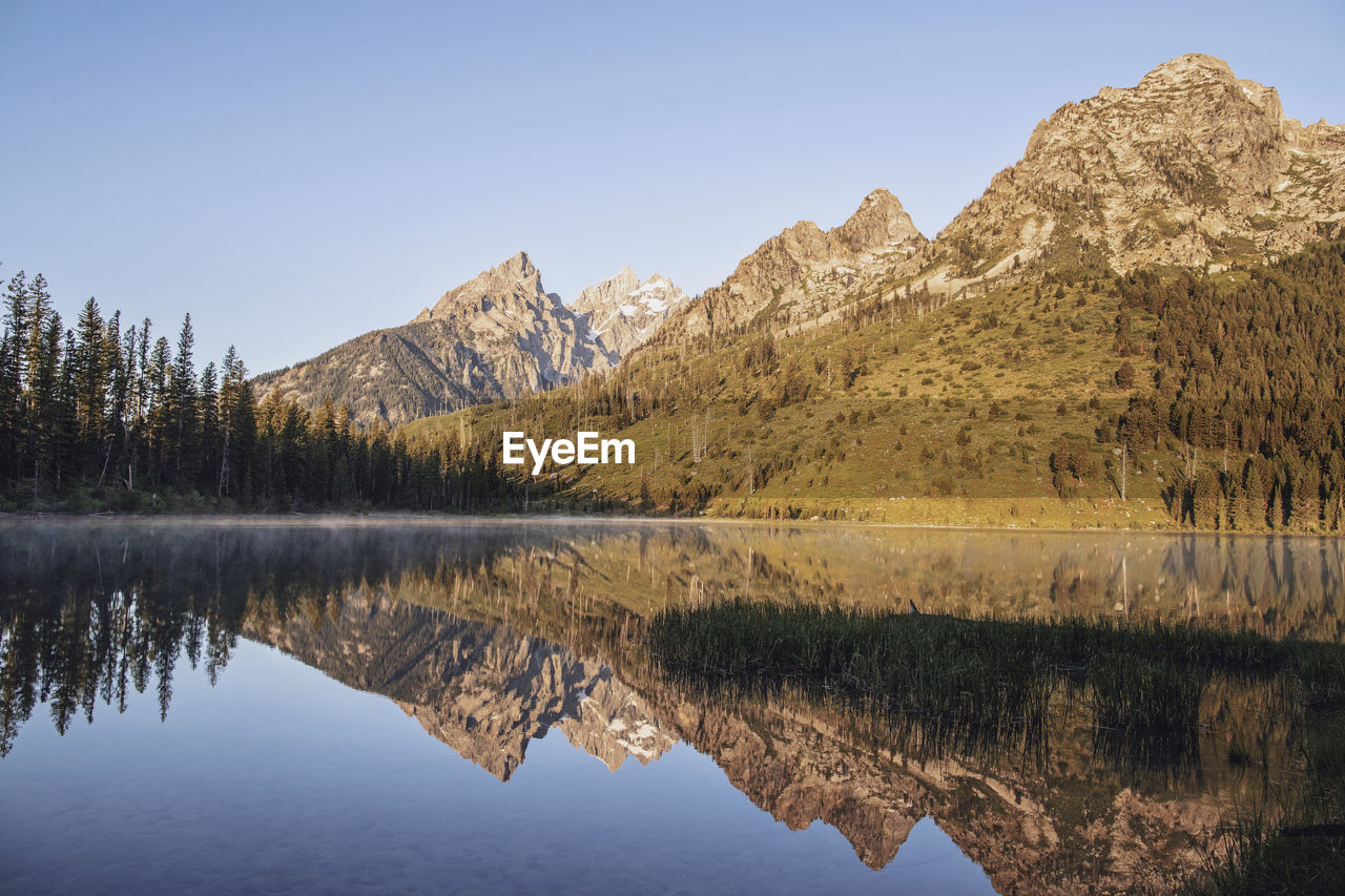 Jagged peaks of grand teton national park reflected in string lake
