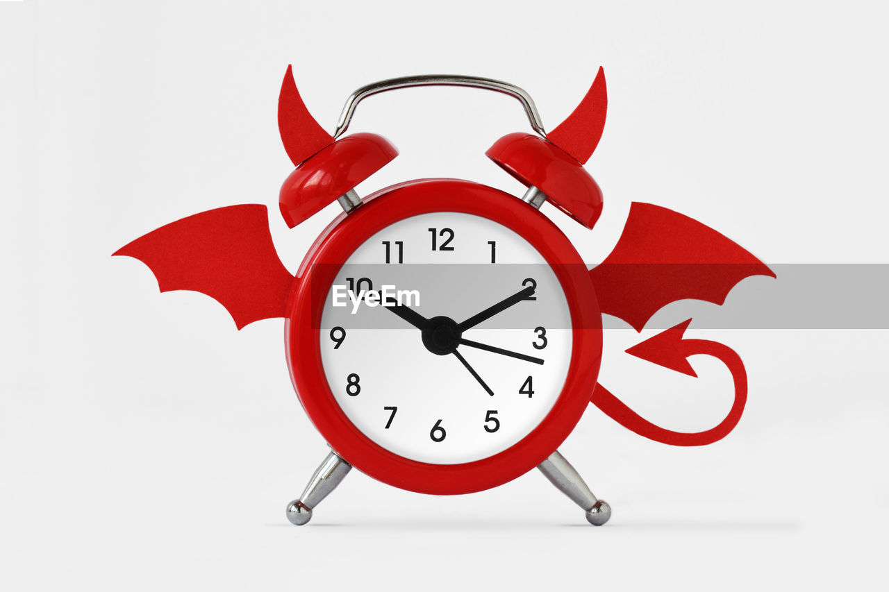 Close-up of alarm clock against white background