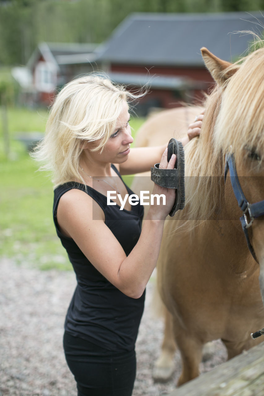 Young woman brushing horse