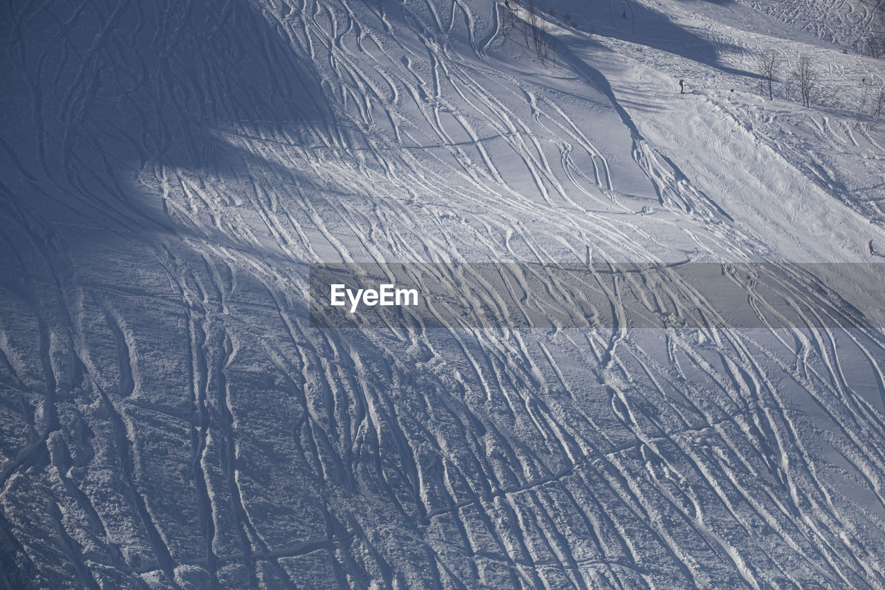 HIGH ANGLE VIEW OF SNOWCAPPED MOUNTAIN