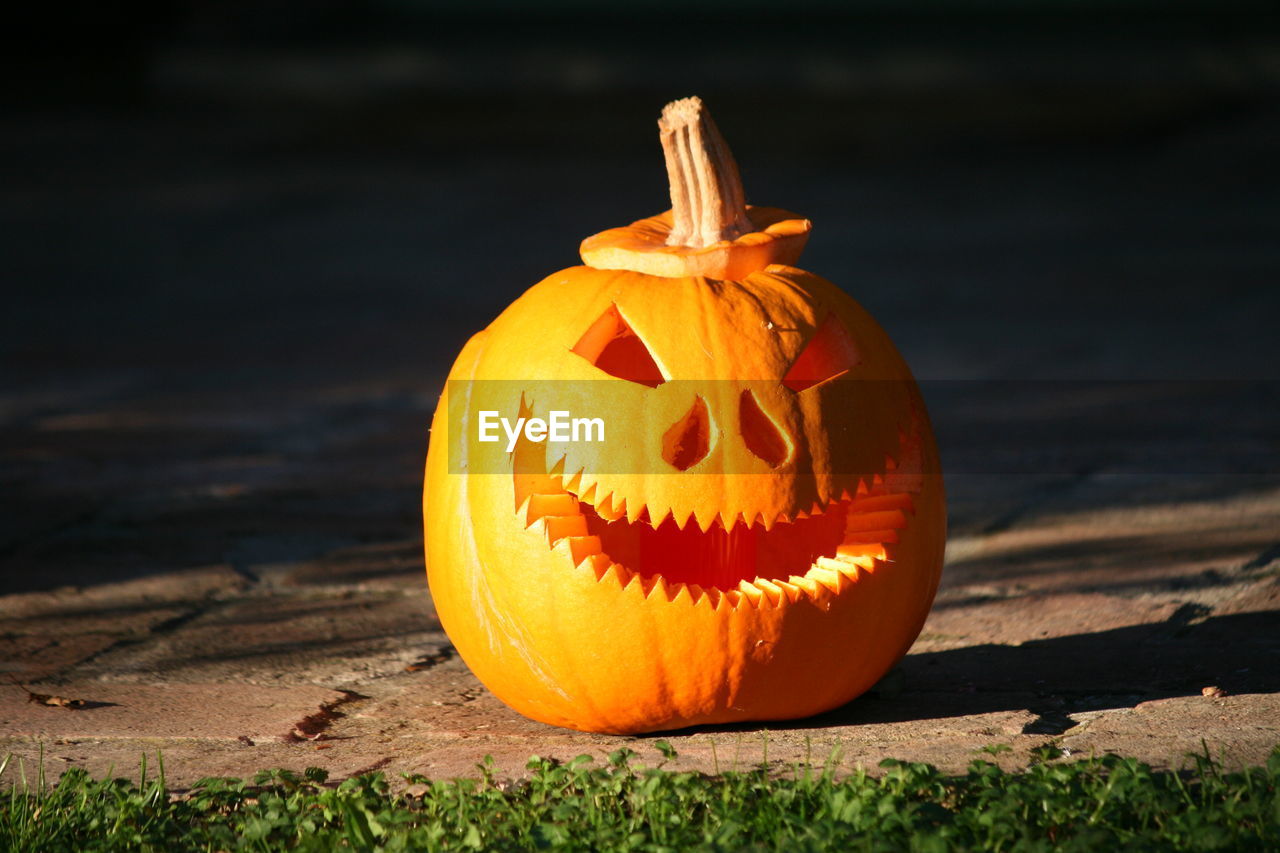 Jack o lantern on footpath on sunny day during halloween