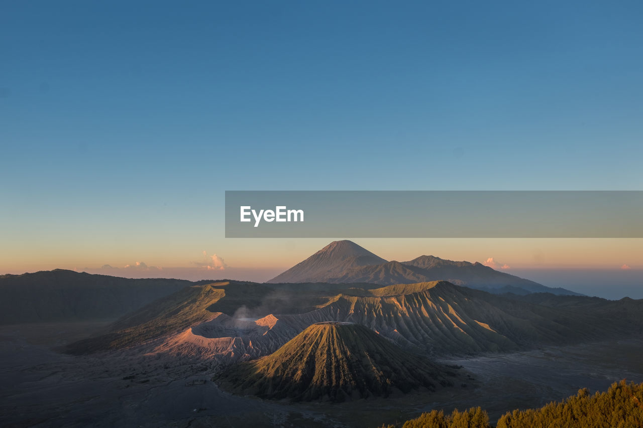 Aerial view of mount bromo against clear sky during sunset