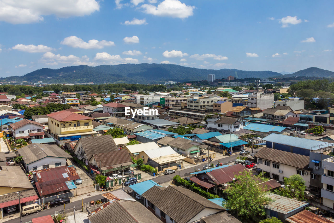 High angle view of townscape against sky