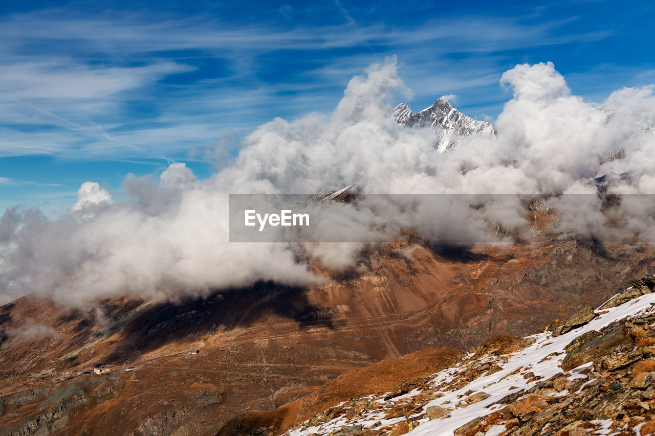 Scenic view of snow covered mountains against sky