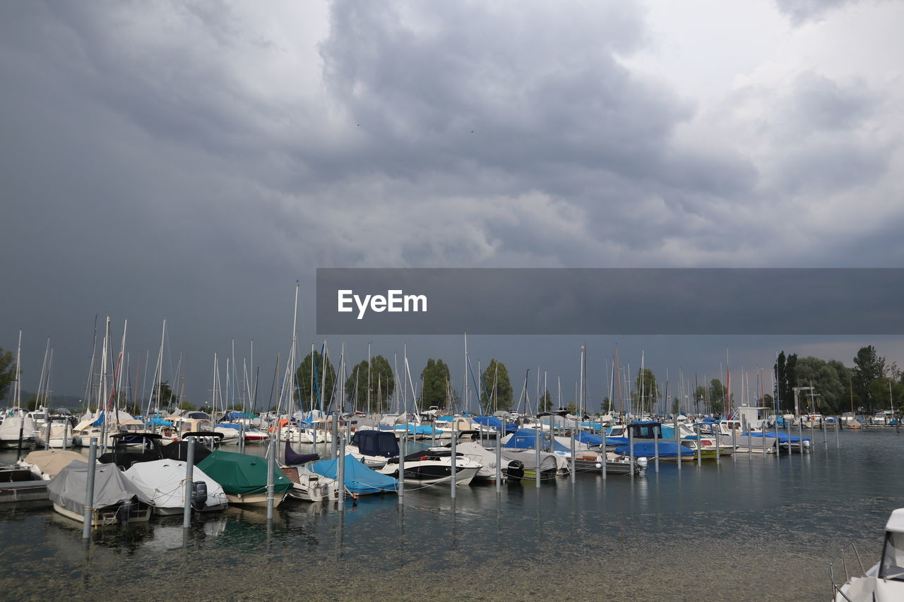 Sailboats moored at harbor against sky