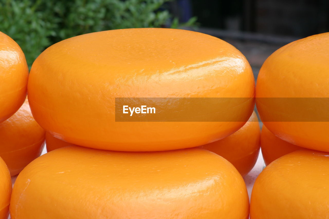 Close-up of orannge dutch cheese in market