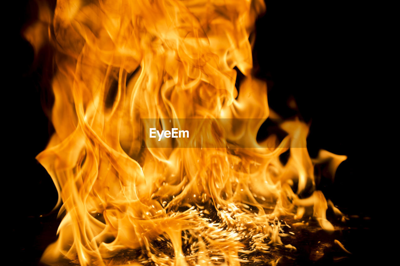 CLOSE-UP OF BONFIRE IN THE DARK