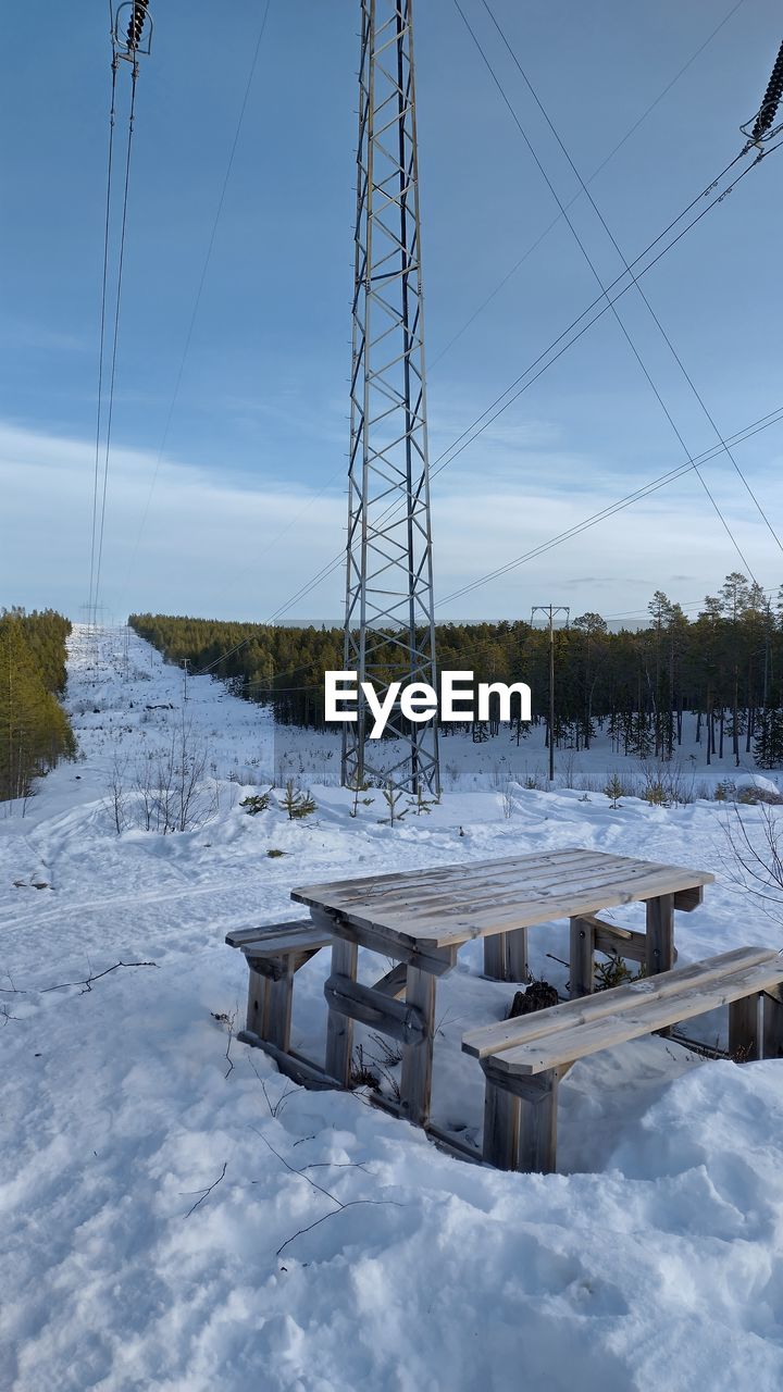 blue, winter, nature, sky, snow, reflection, architecture, cable, cloud, built structure, day, electricity, no people, water, tower, outdoors, technology, power generation, mast, environment, low angle view, building exterior, power supply