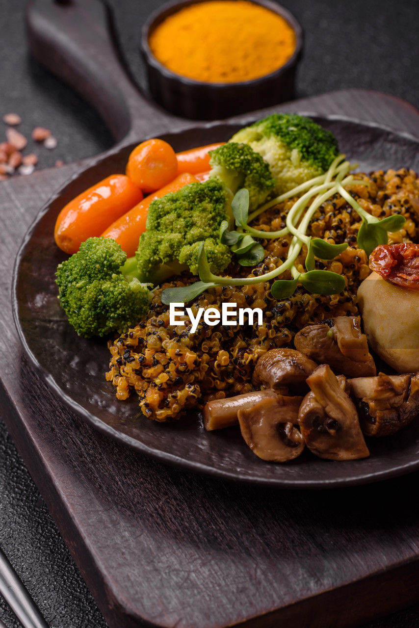 high angle view of food served in plate on table