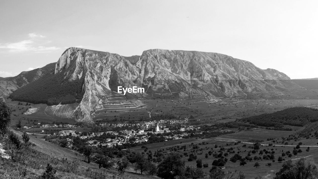 Panoramic view of landscape and mountains against sky