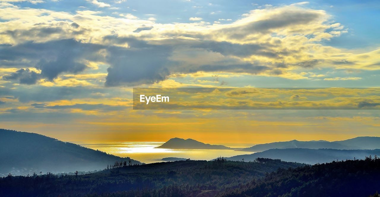 SCENIC VIEW OF MOUNTAINS AT SUNSET