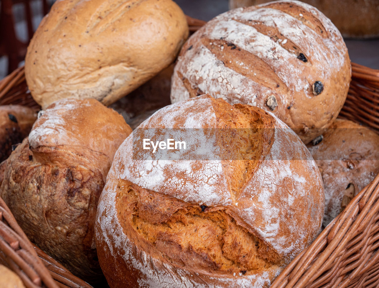 Organic freshly baked bread on sale at artisan market