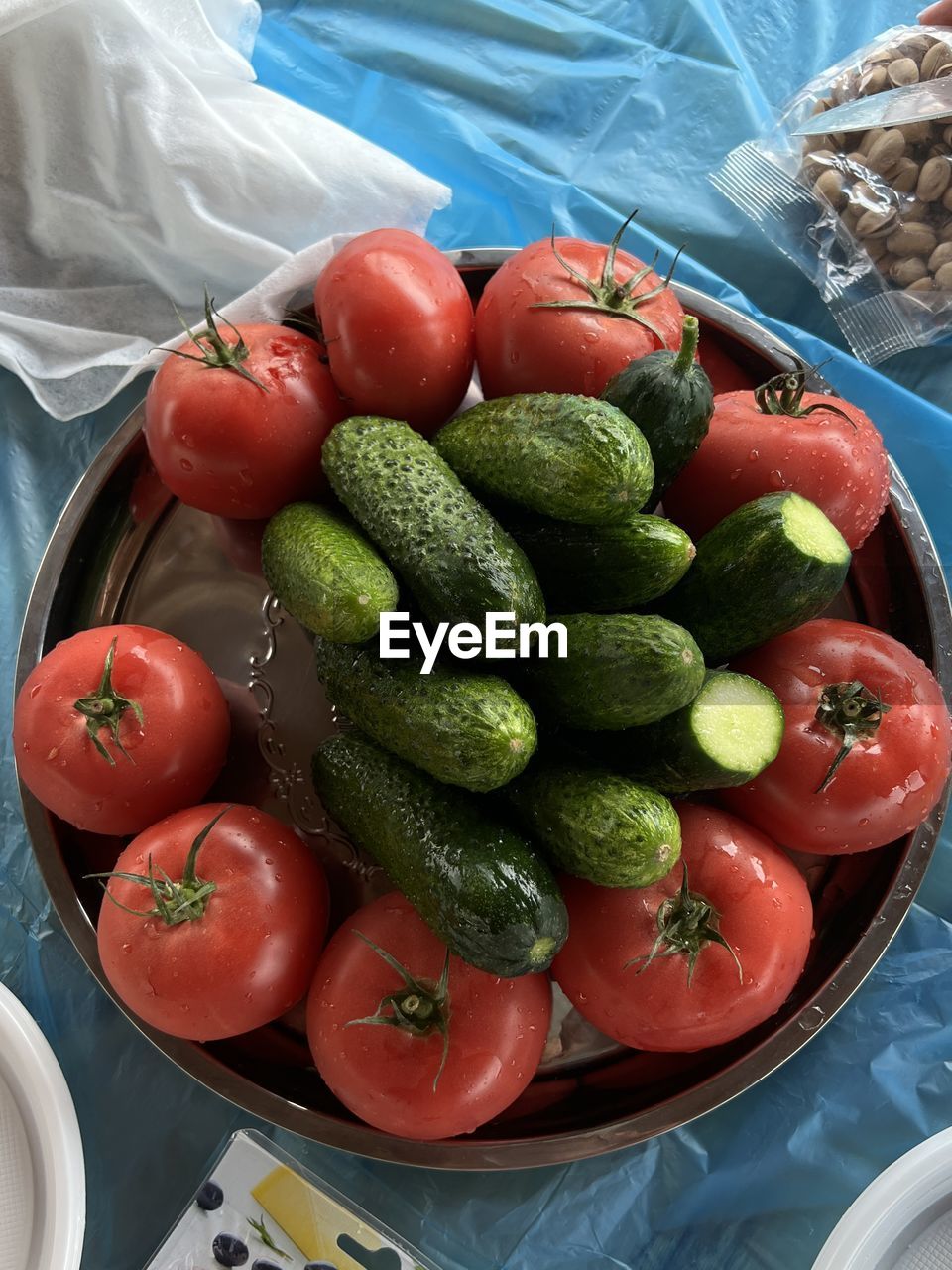 High angle view of tomatoes on table