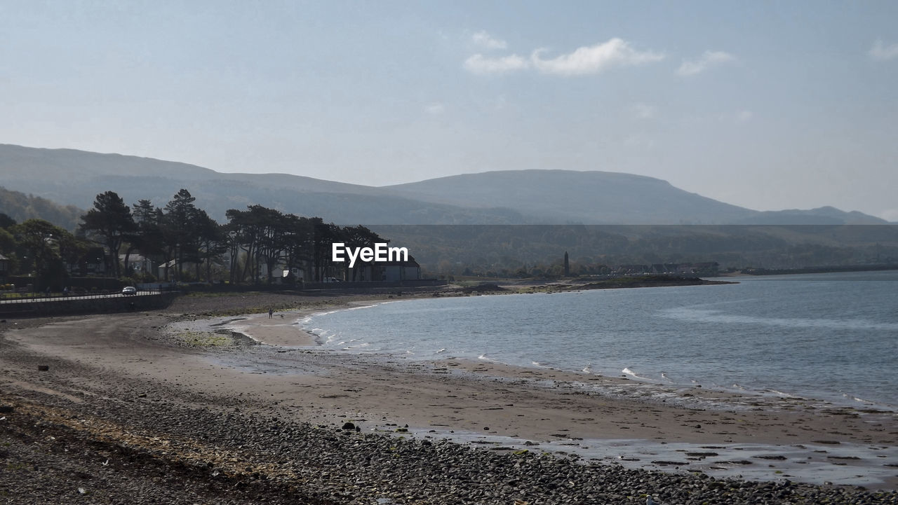 Scenic view of sea and mountains against sky