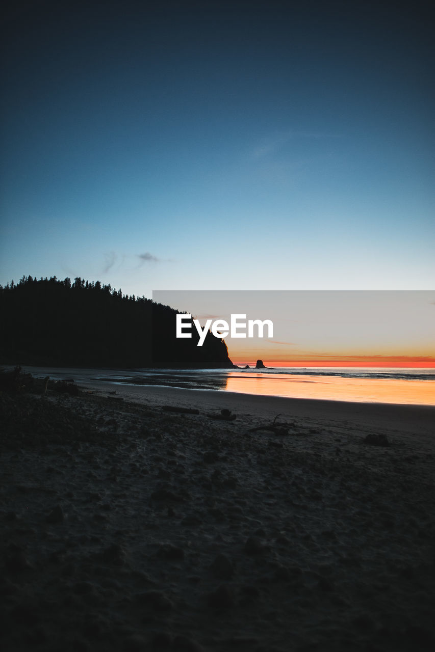 SCENIC VIEW OF BEACH AGAINST CLEAR SKY DURING SUNSET