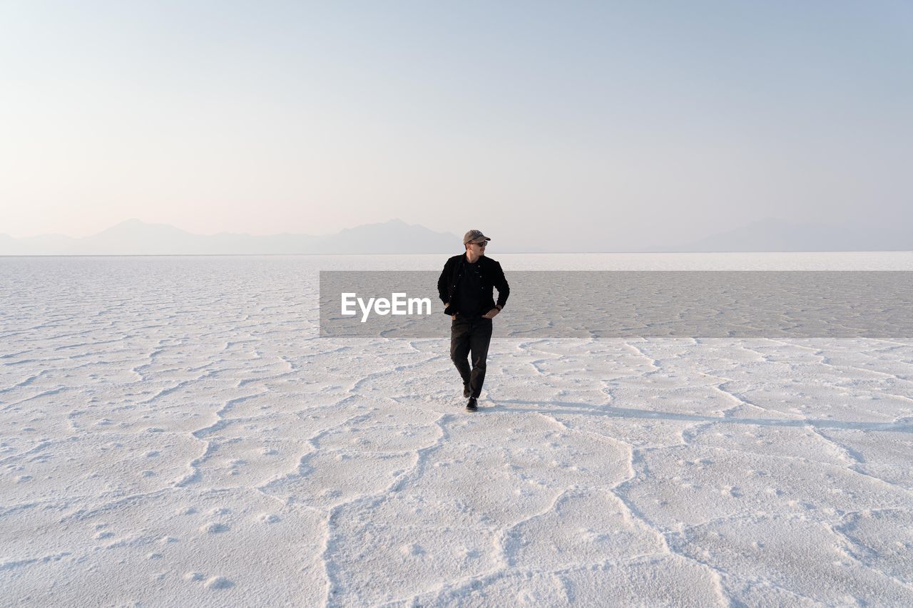 rear view of man standing at beach against clear sky