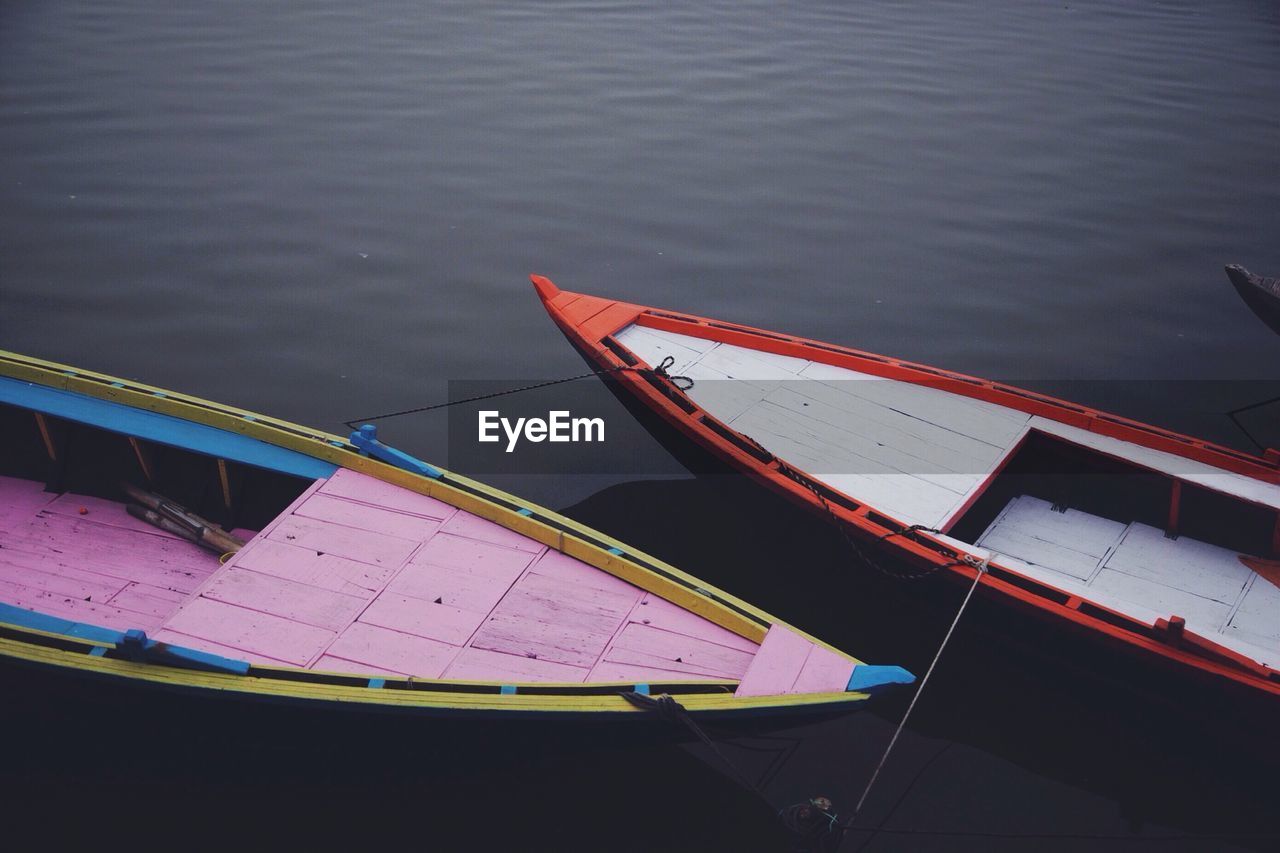 High angle view of boats moored on lake