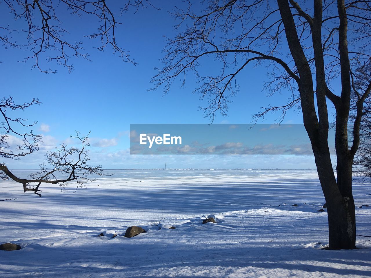 Scenic view of snow covered land against sky