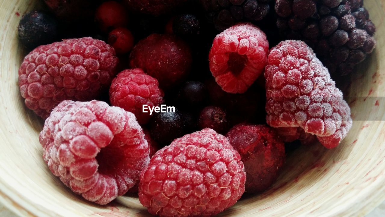 High angle view of berry fruits in bowl