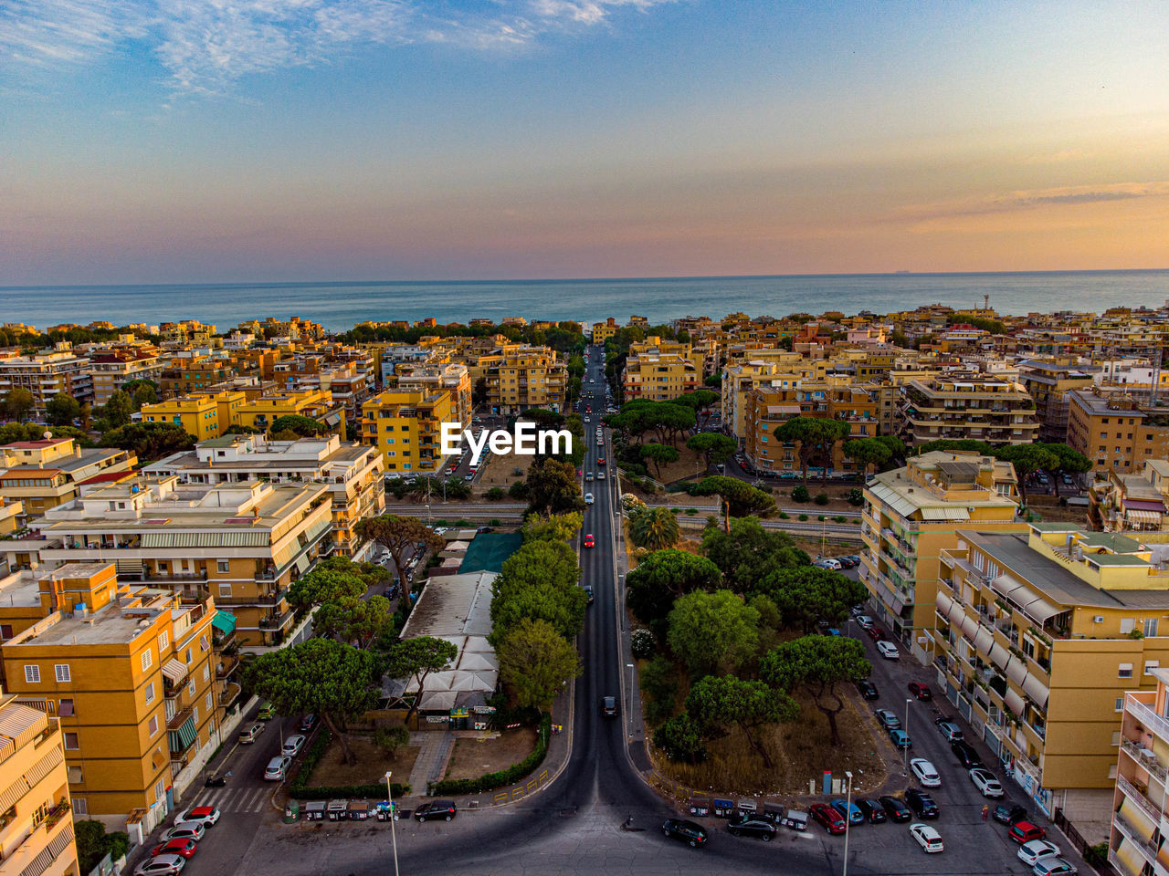 High angle view of cityscape against sky during sunset