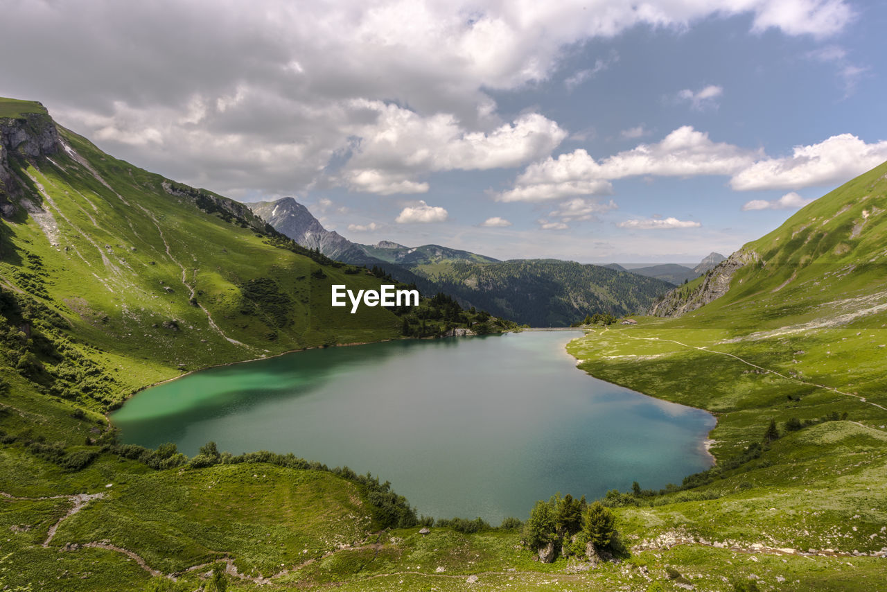 Scenic view of lake and mountains against sky