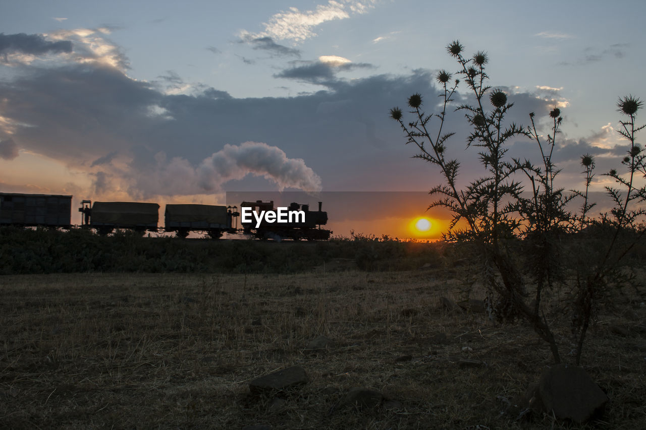 VIEW OF FIELD AGAINST SKY AT SUNSET