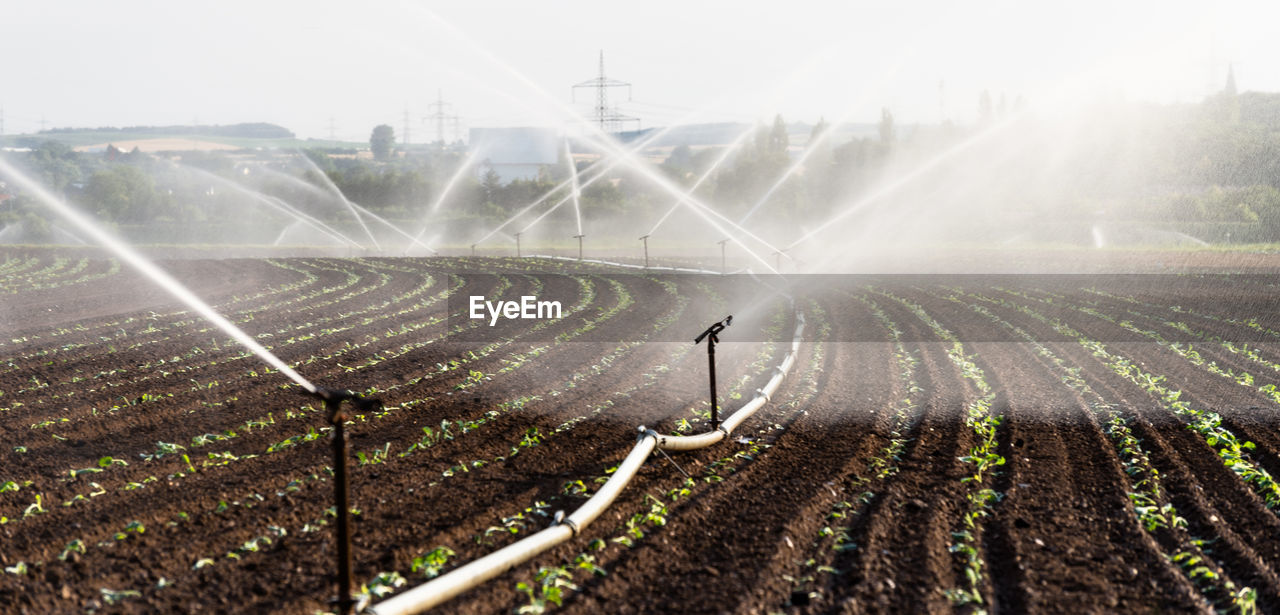 Watering crops in western germany with irrigation system using sprinklers in a cultivated field.